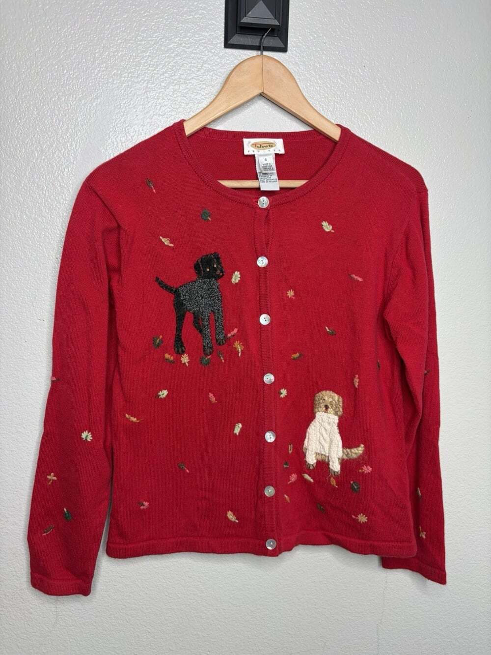 Talbots Red Cotton Cardigan Sweater Embroider Dogs Pet Small Lab Golden Shepard